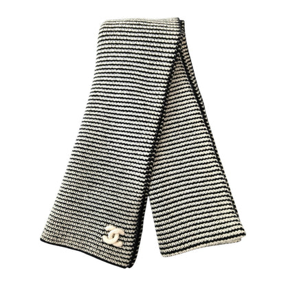 CHANEL シャネル カシミヤ ココマーク リブ編み マフラー 黒×白 管理番号：11775