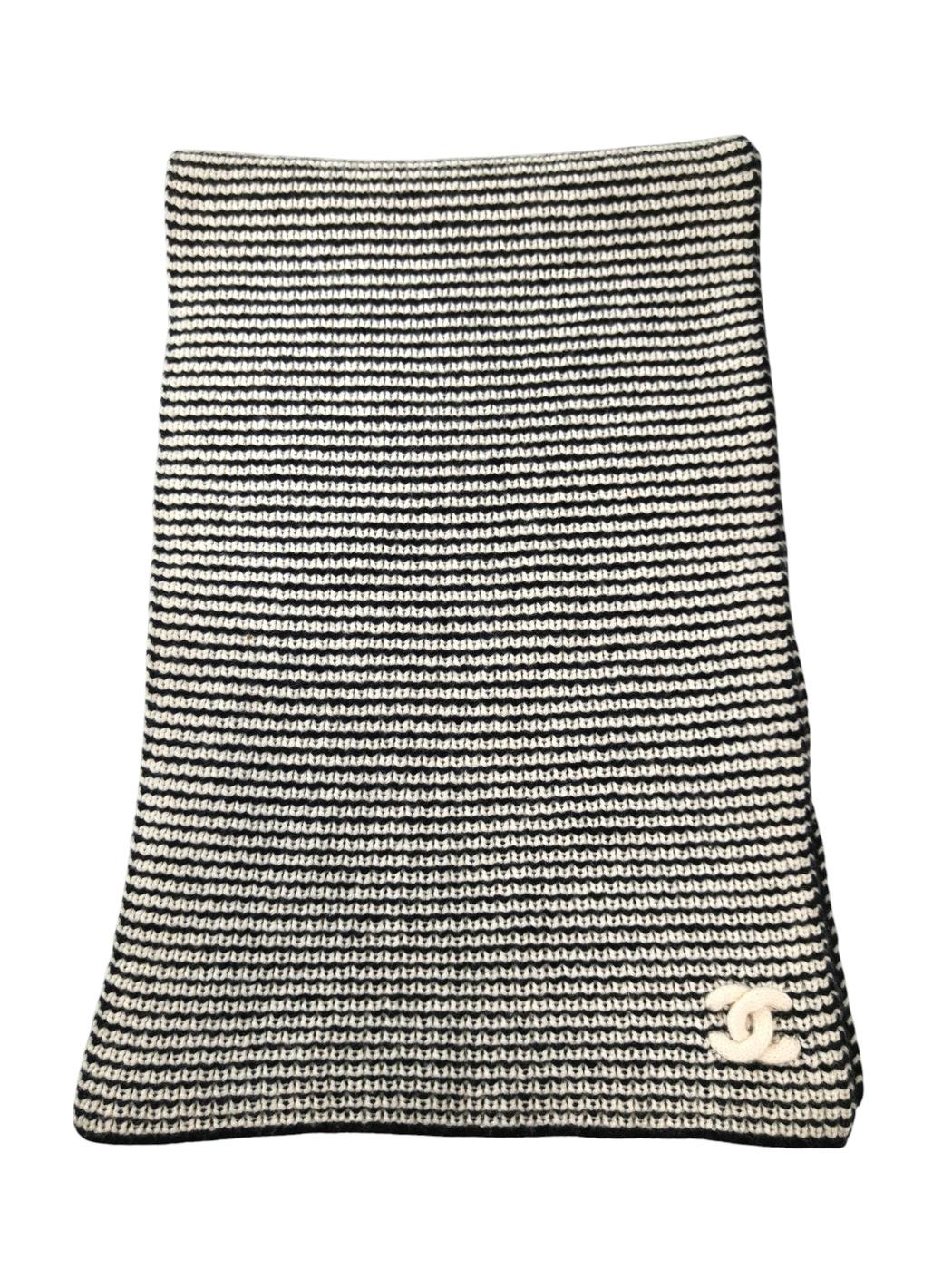 CHANEL シャネル カシミヤ ココマーク リブ編み マフラー 黒×白 管理番号：11775