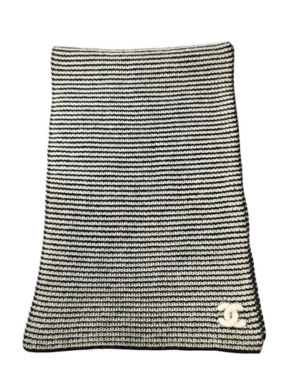 CHANEL シャネル カシミヤ ココマーク リブ編み マフラー 黒×白 管理番号：11775