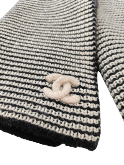 CHANEL シャネル カシミヤ ココマーク リブ編み マフラー 黒×白 管理番号：11775