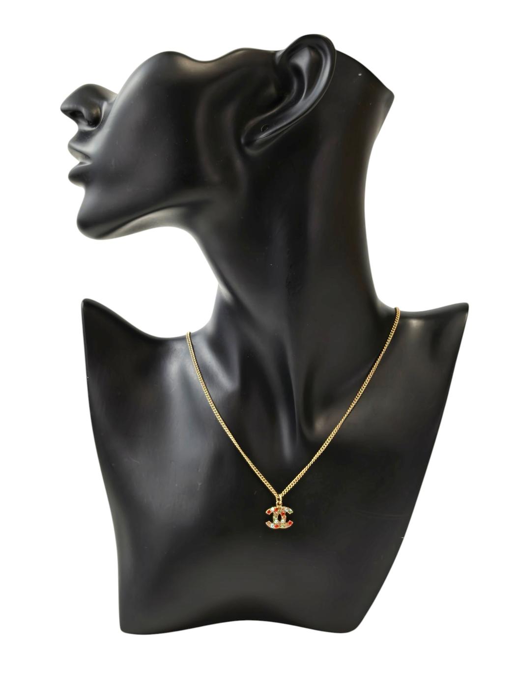 CHANEL Coco Mark Colorful Rhinestone Necklace with 04A Collection Plate, Gold, Ref No: 11812