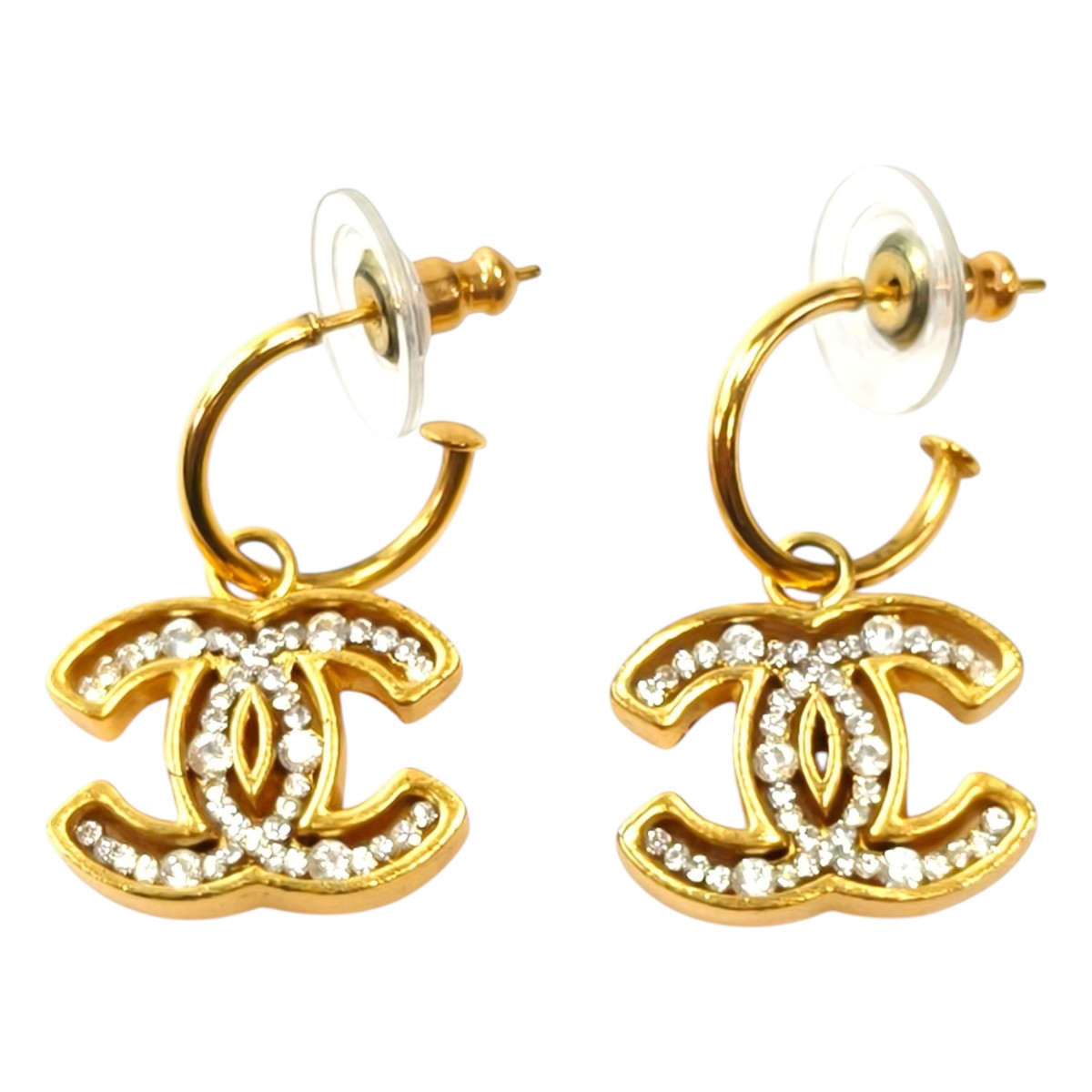CHANEL Rhinestone CC Logo Pierced Earrings with Collection Plate 02A Gold, Reference Number: 11815