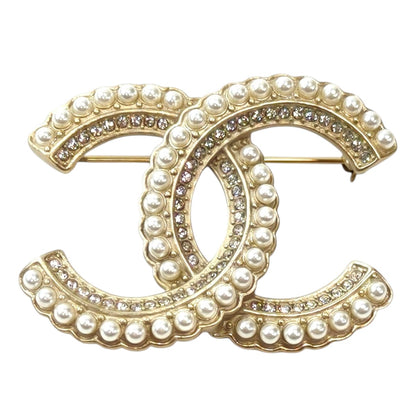 CHANEL 香奈儿 双C Logo 珍珠镶钻（带刻印 L20V）胸针 女士 金色 管理编号：11820