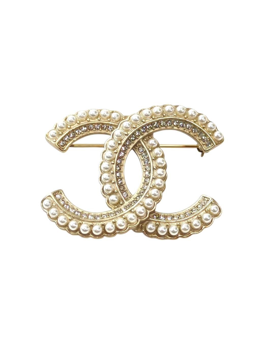 CHANEL 香奈儿 双C Logo 珍珠镶钻（带刻印 L20V）胸针 女士 金色 管理编号：11820