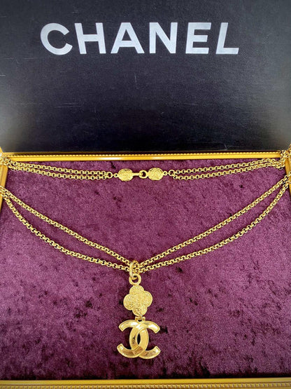 CHANEL Vintage Coco Mark Clover W-Chain Long Necklace GP Gold 95A Reference Number: 1443