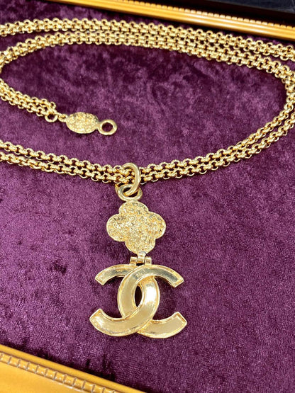 CHANEL Vintage Coco Mark Clover W-Chain Long Necklace GP Gold 95A Reference Number: 1443