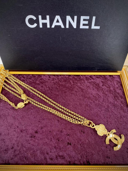 CHANEL Vintage Coco Mark Clover W-Chain Long Necklace GP Gold 95A Reference Number: 1443