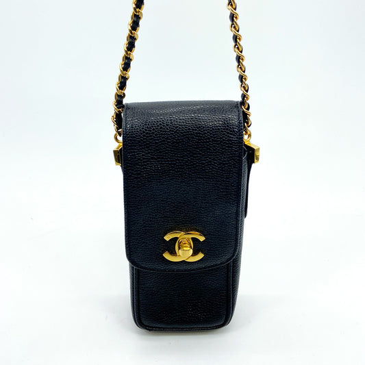 CHANEL シャネル  ヴィンテージ チェーン ポシェット ショルダーバッグ スマホケース キャビアスキン ココマーク レザー 管理番号：3154