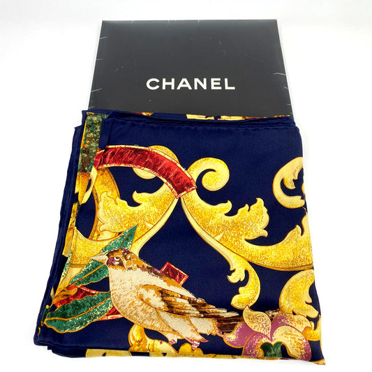 CHANEL シャネル スカーフ シルク 花柄 バラ ひまわり 鳥 ネイビー 黄色 管理番号：7443