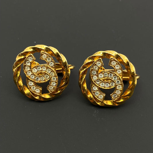 CHANEL シャネル ラインストーン ロゴイヤリング 金 ココマーク ヴィンテージ イヤリング レア 管理番号：7843