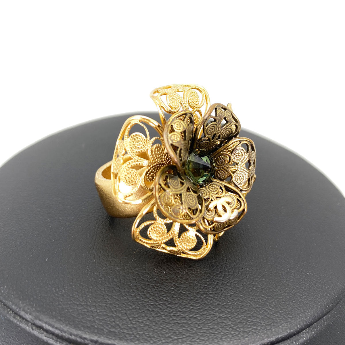 CHANEL Flower Motif Camellia Coco Mark Stone Ring, Size 11, Gold, with Comments, Reference Number: 9137