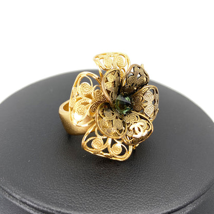 CHANEL Flower Motif Camellia Coco Mark Stone Ring, Size 11, Gold, with Comments, Reference Number: 9137