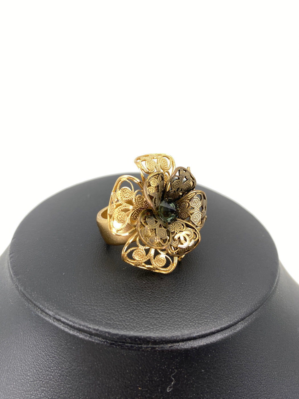 CHANEL Flower Motif Camellia Coco Mark Stone Ring, Size 11, Gold, with Comments, Reference Number: 9137