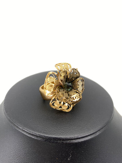 CHANEL Flower Motif Camellia Coco Mark Stone Ring, Size 11, Gold, with Comments, Reference Number: 9137