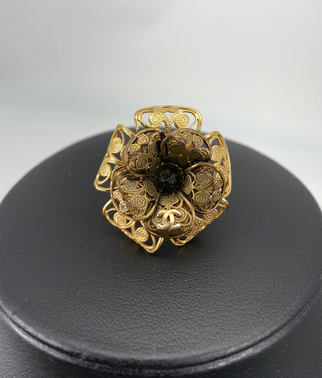 CHANEL Flower Motif Camellia Coco Mark Stone Ring, Size 11, Gold, with Comments, Reference Number: 9137
