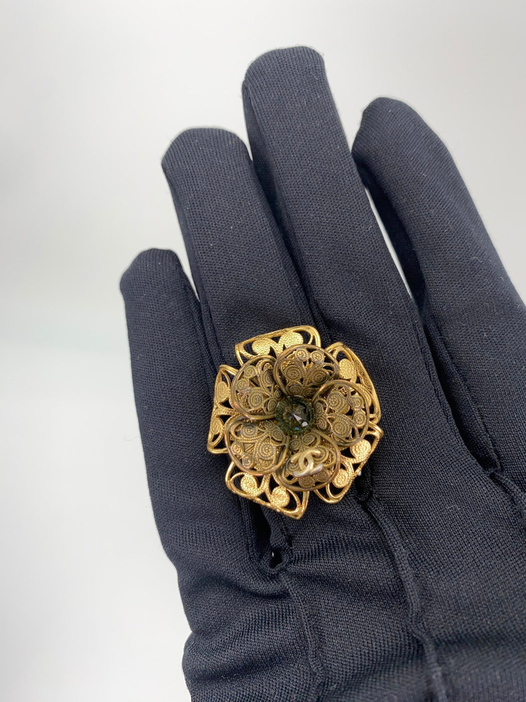 CHANEL Flower Motif Camellia Coco Mark Stone Ring, Size 11, Gold, with Comments, Reference Number: 9137