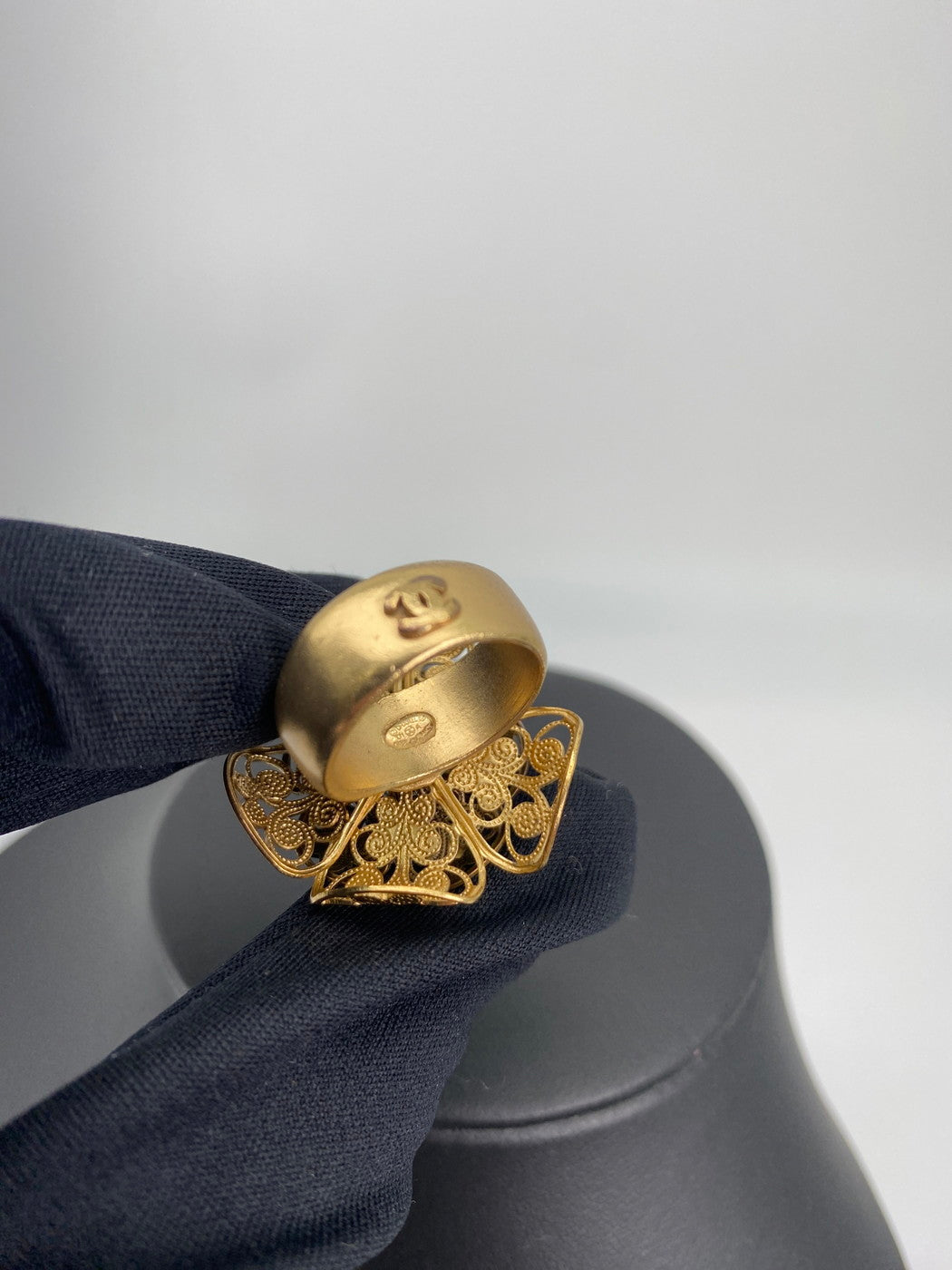 CHANEL Flower Motif Camellia Coco Mark Stone Ring, Size 11, Gold, with Comments, Reference Number: 9137