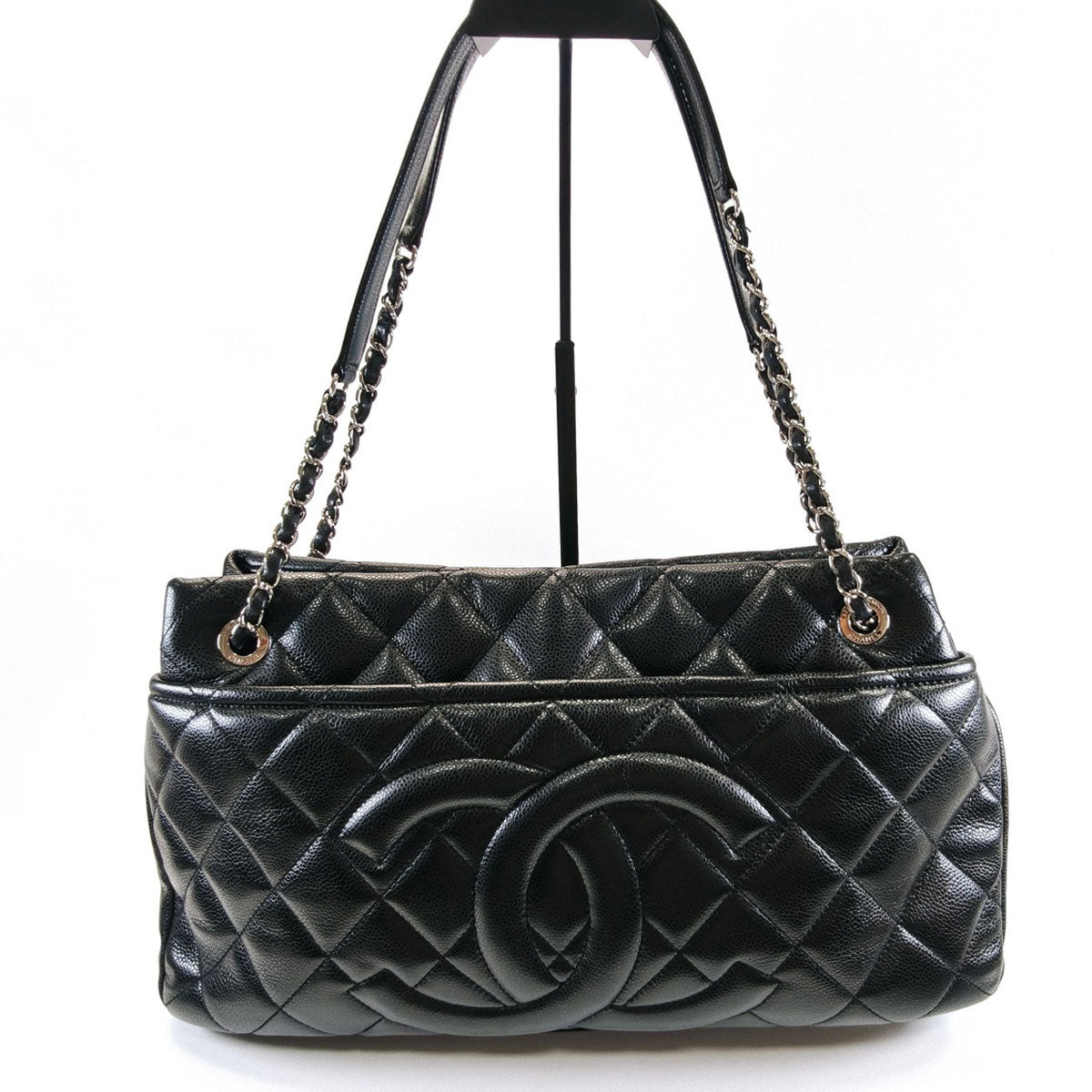 CHANEL シャネル マトラッセ ココマーク トートバッグ チェーンショルダー キャビアスキン 黒 シルバー金具  管理番号：9702