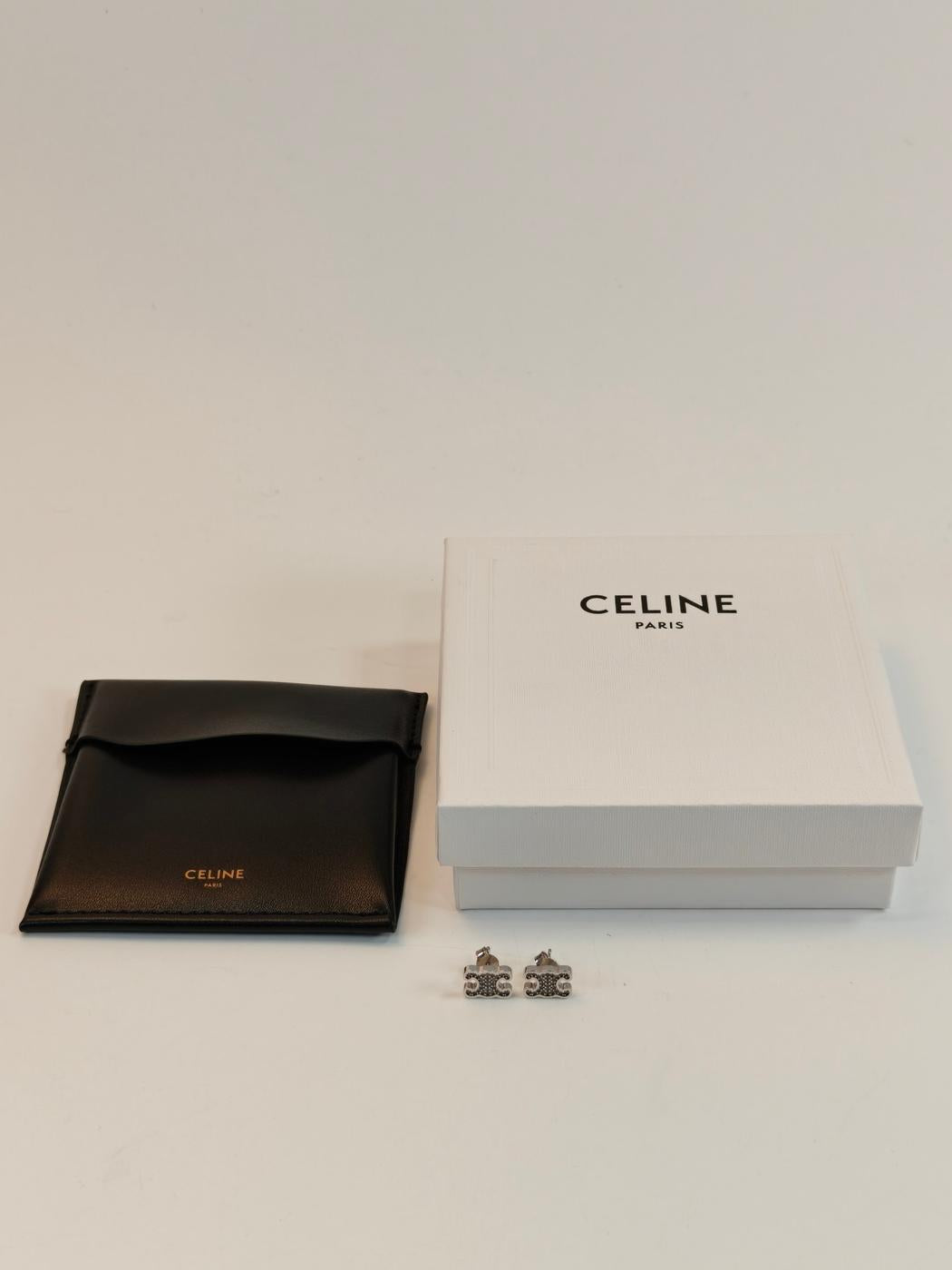 CELINE 赛琳凯旋门水钻耳钉 银色 管理编号：10791