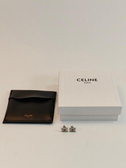 CELINE 赛琳凯旋门水钻耳钉 银色 管理编号：10791
