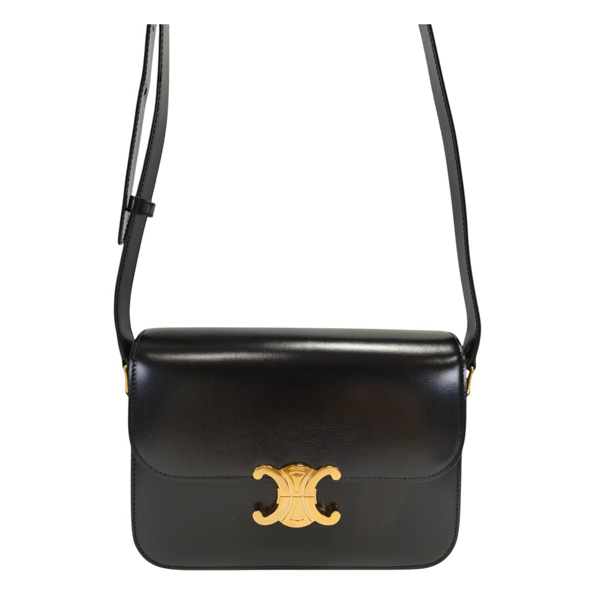 Celine 凯旋门亮面小牛皮肩背包 黑色×金色 管理编号：11852