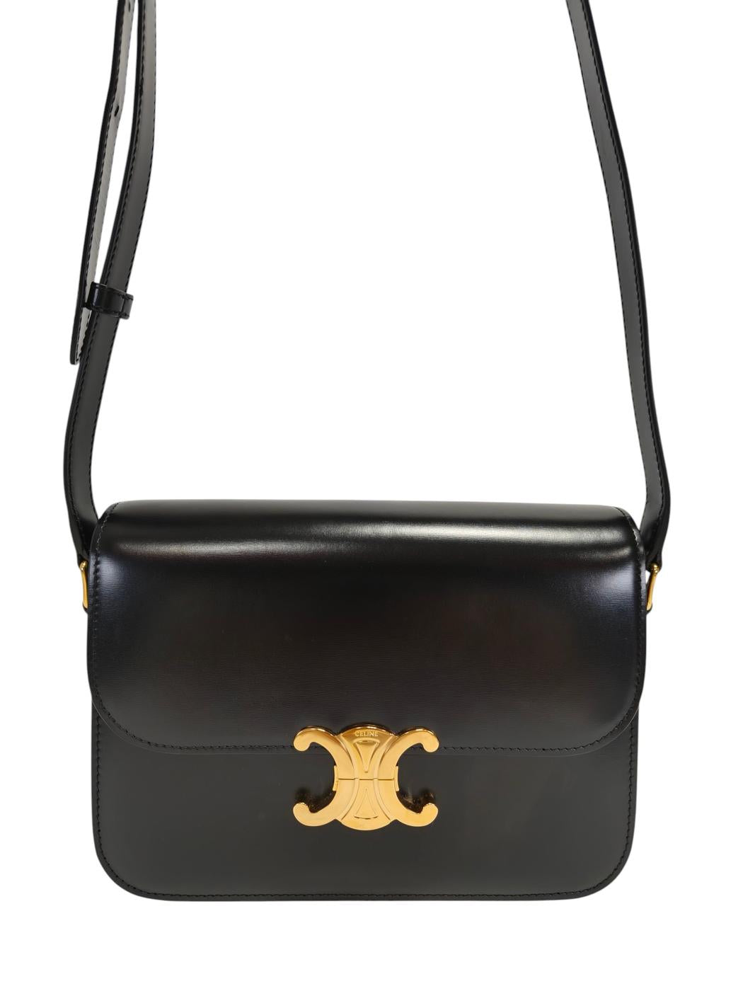 Celine 凯旋门亮面小牛皮肩背包 黑色×金色 管理编号：11852