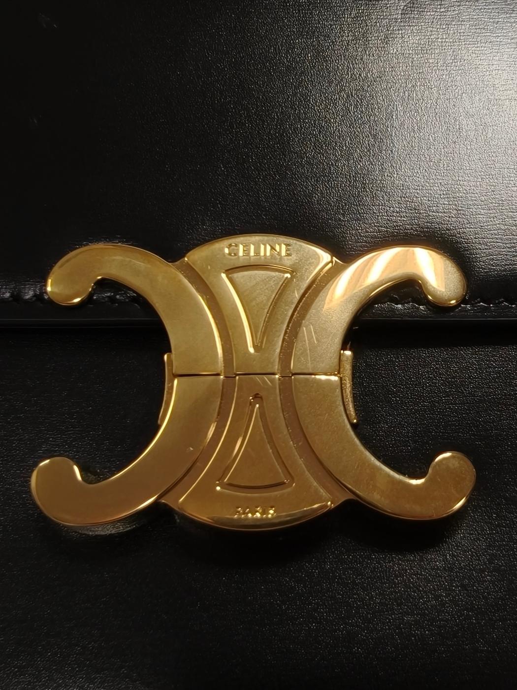 Celine 凯旋门亮面小牛皮肩背包 黑色×金色 管理编号：11852