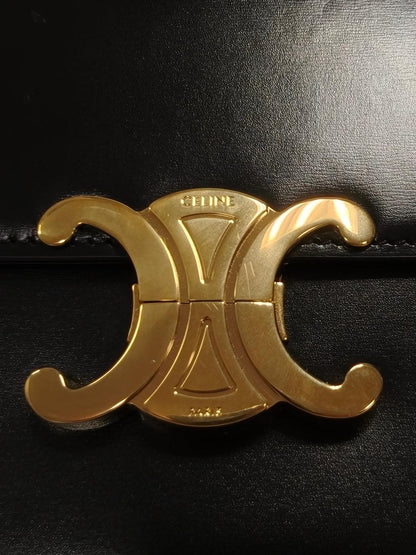 Celine 凯旋门亮面小牛皮肩背包 黑色×金色 管理编号：11852