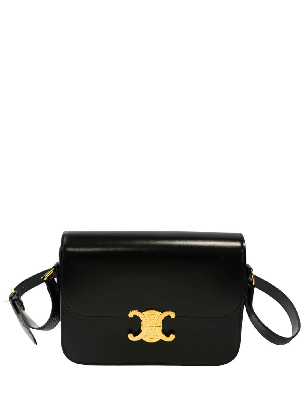 Celine 凯旋门亮面小牛皮肩背包 黑色×金色 管理编号：11852