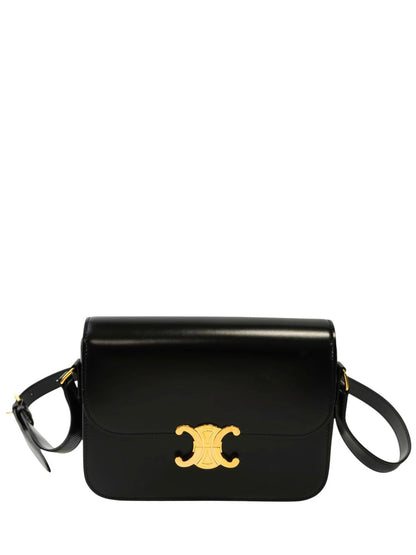 Celine 凯旋门亮面小牛皮肩背包 黑色×金色 管理编号：11852