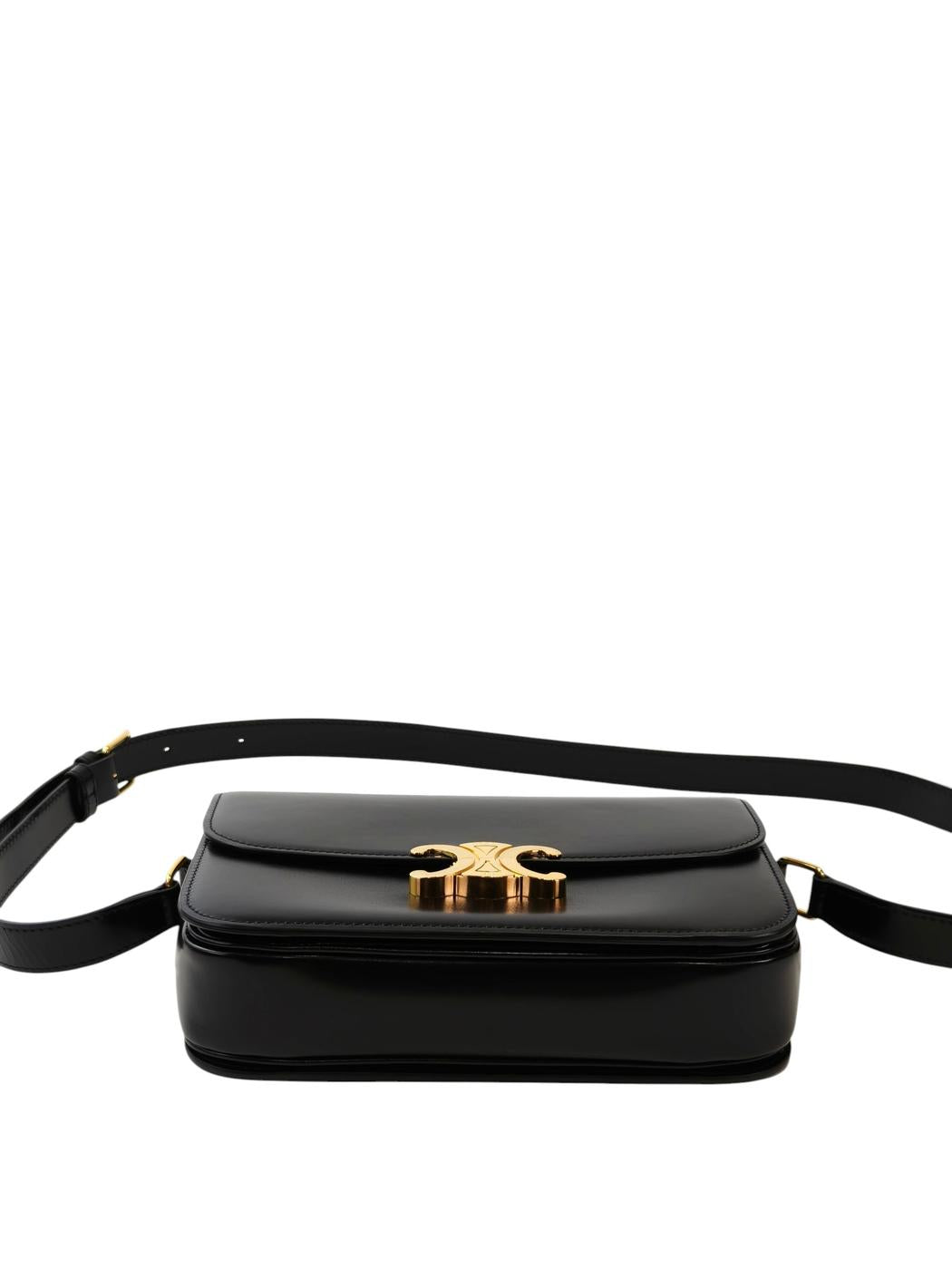 Celine 凯旋门亮面小牛皮肩背包 黑色×金色 管理编号：11852