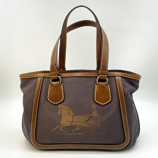CELINE セリーヌ 茶 ブラウン キャンバス レザー 馬車柄 トートバッグ ハンドバッグ 管理番号：8208