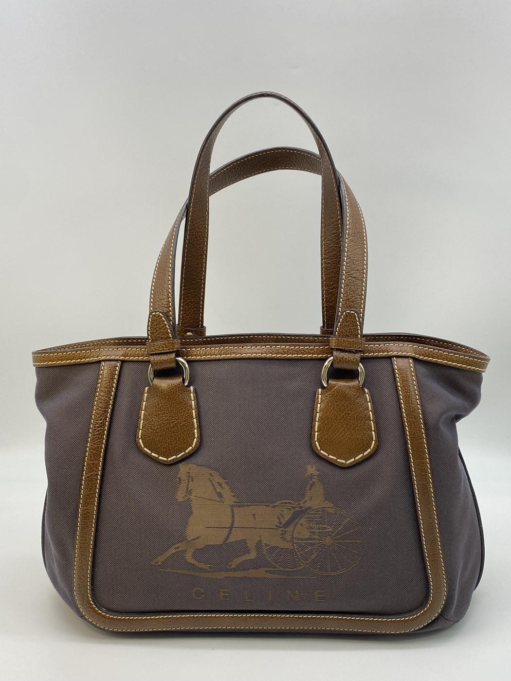 CELINE セリーヌ 茶 ブラウン キャンバス レザー 馬車柄 トートバッグ ハンドバッグ 管理番号：8208