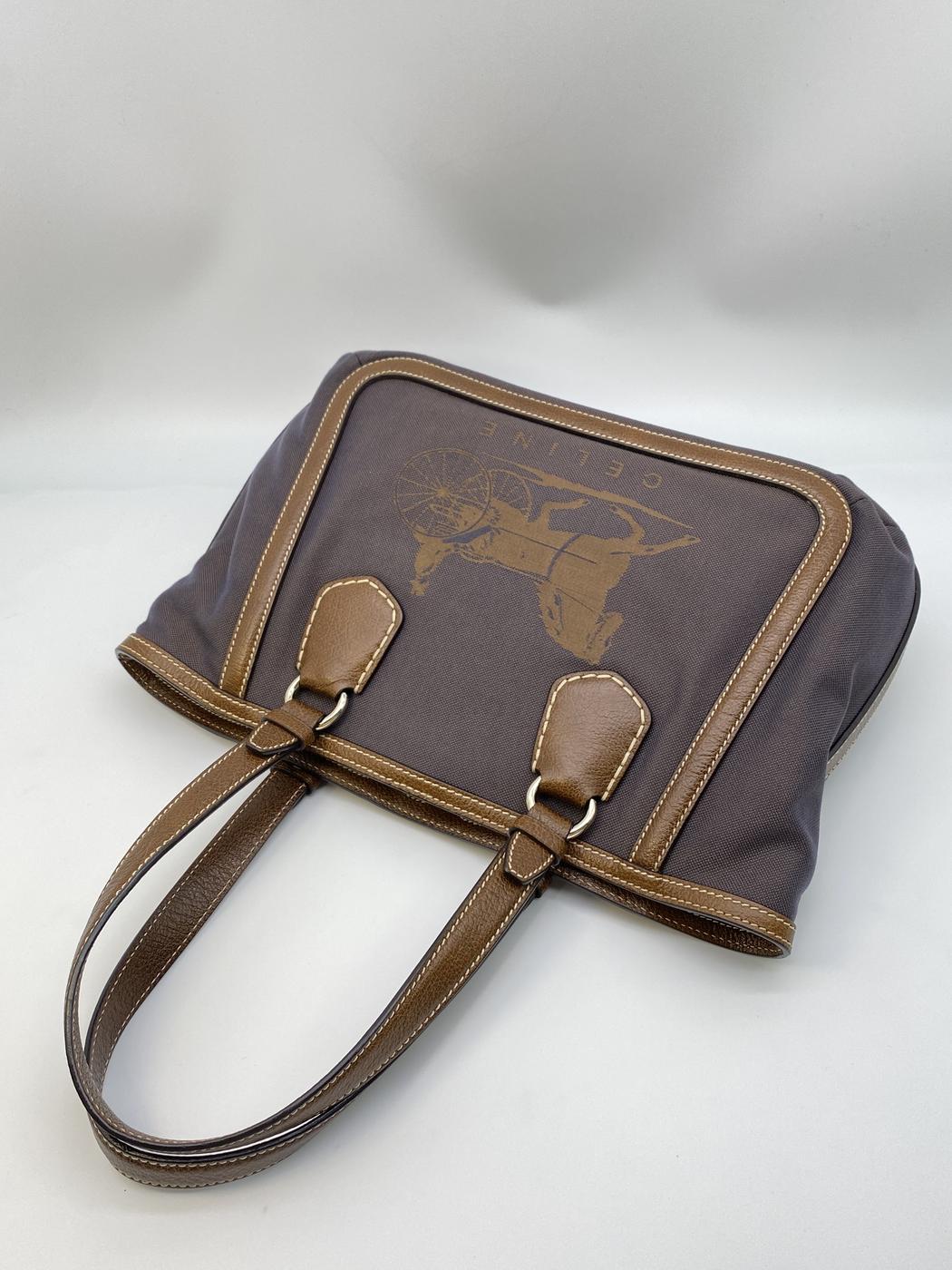 CELINE セリーヌ 茶 ブラウン キャンバス レザー 馬車柄 トートバッグ ハンドバッグ 管理番号：8208