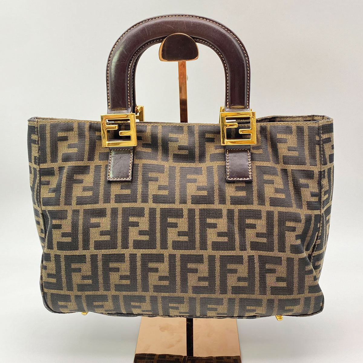 FENDI フェンディ ズッカ柄 ハンドバッグ キャンバス レザー カーキブラウン 茶 ダークブラウン 管理番号：8671