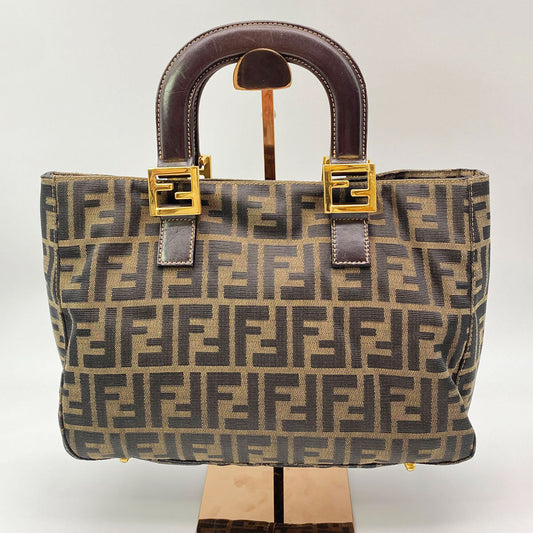 FENDI フェンディ ズッカ柄 ハンドバッグ キャンバス レザー カーキブラウン 茶 ダークブラウン 管理番号：8671