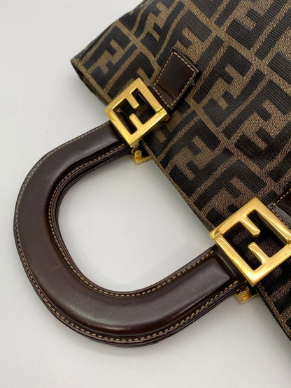 FENDI フェンディ ズッカ柄 ハンドバッグ キャンバス レザー カーキブラウン 茶 ダークブラウン 管理番号：8671