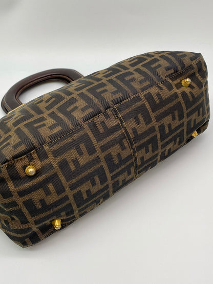 FENDI フェンディ ズッカ柄 ハンドバッグ キャンバス レザー カーキブラウン 茶 ダークブラウン 管理番号：8671