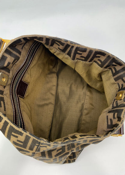 FENDI フェンディ ズッカ柄 ハンドバッグ キャンバス レザー カーキブラウン 茶 ダークブラウン 管理番号：8671