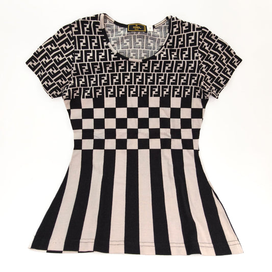 FENDI フェンディ ロゴ 総柄 Tシャツ 半袖 ブラック アイボリー #42 管理番号：9884