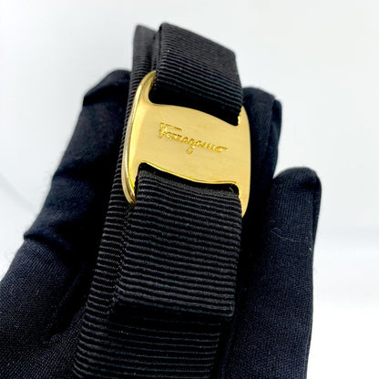 Salvatore Ferragamo Vara 缎带发夹，黑色和金色五金配件，帆布发夹，女士，产品编号：7546