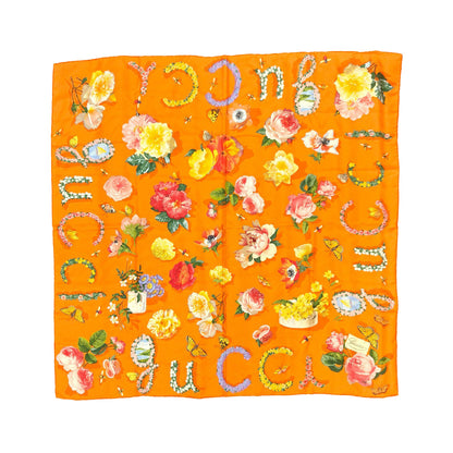 Gucci 花柄 カラフル シルク100％ スカーフ 橙 マルチカラー 約85×85cm 管理番号：11742