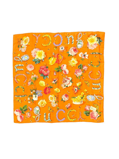 Gucci 花柄 カラフル シルク100％ スカーフ 橙 マルチカラー 約85×85cm 管理番号：11742