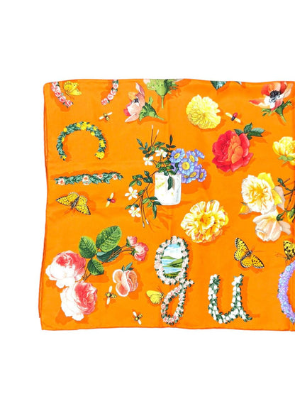 Gucci 花柄 カラフル シルク100％ スカーフ 橙 マルチカラー 約85×85cm 管理番号：11742