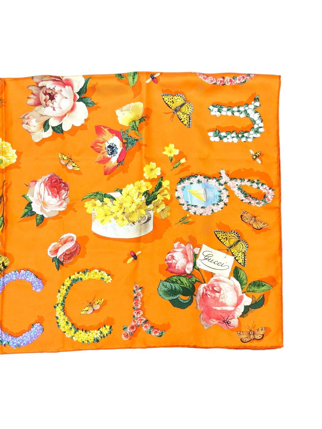 Gucci 花柄 カラフル シルク100％ スカーフ 橙 マルチカラー 約85×85cm 管理番号：11742