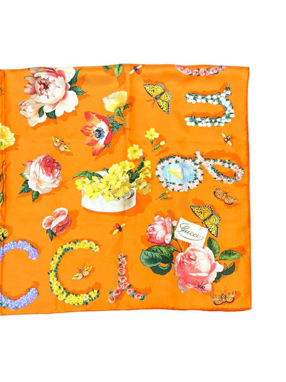 Gucci 花柄 カラフル シルク100％ スカーフ 橙 マルチカラー 約85×85cm 管理番号：11742