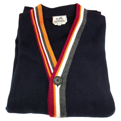 爱马仕 100% 羊绒开衫 男士海军蓝不对称条纹 货号：10207