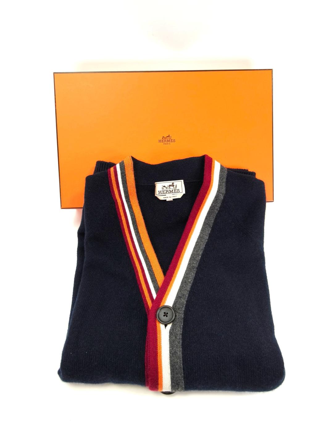 爱马仕 100% 羊绒开衫 男士海军蓝不对称条纹 货号：10207