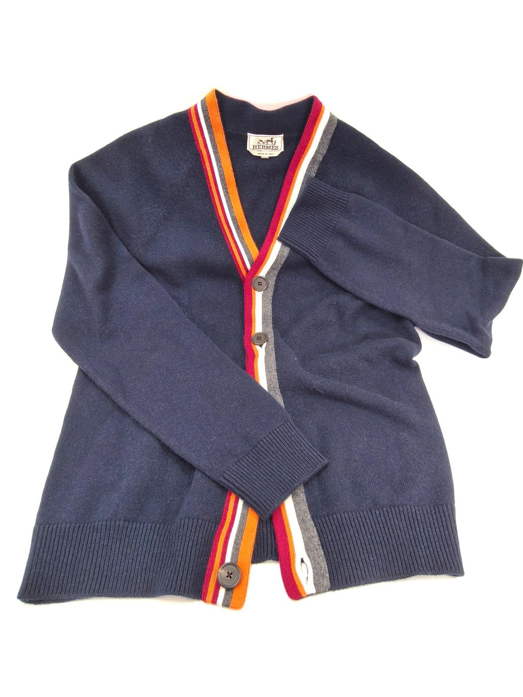 爱马仕 100% 羊绒开衫 男士海军蓝不对称条纹 货号：10207