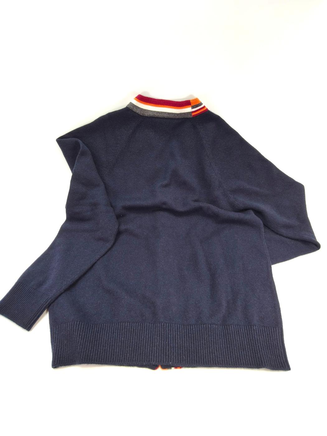 爱马仕 100% 羊绒开衫 男士海军蓝不对称条纹 货号：10207